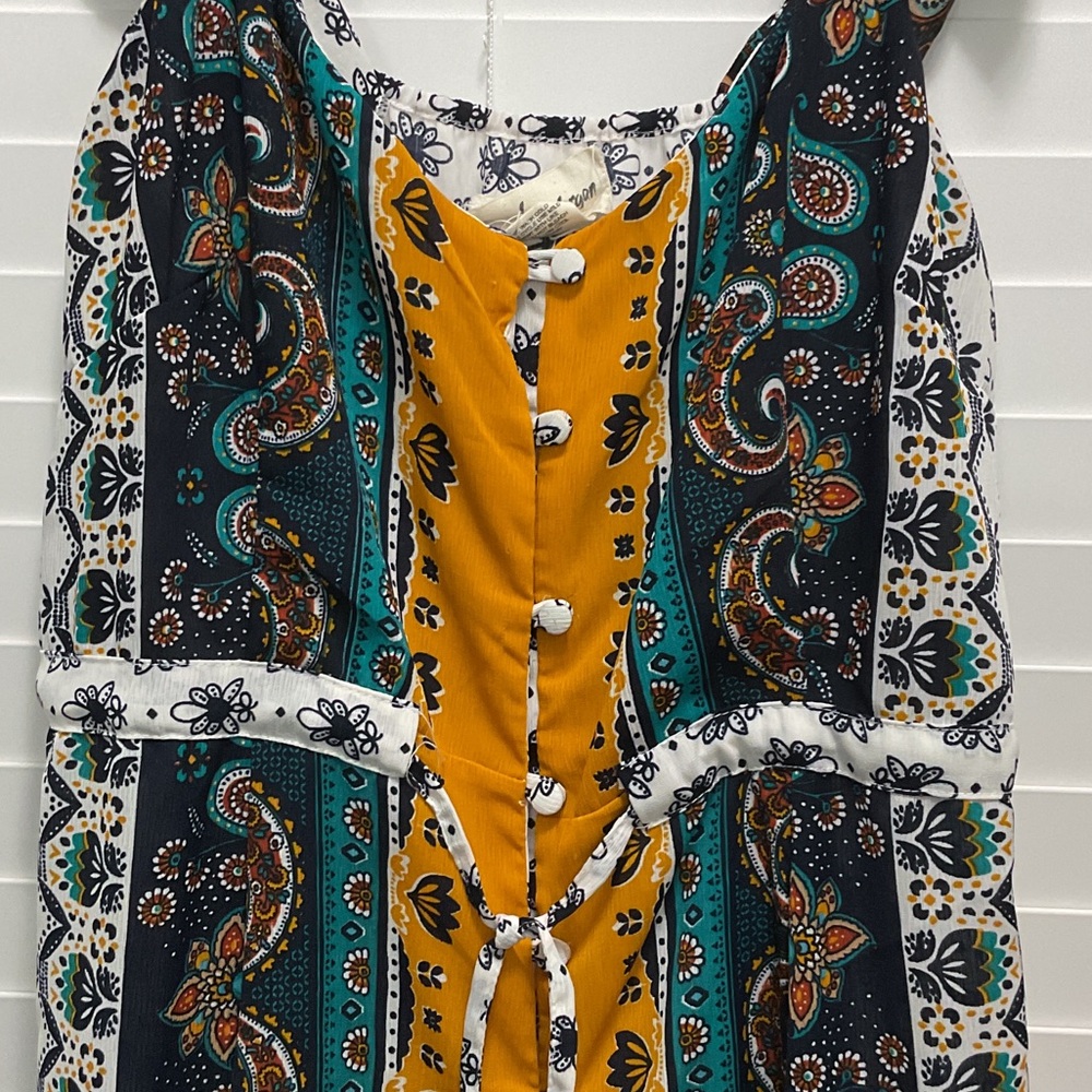 70’s style Maxi Dress in Mustard & Teal Floral Stripe front with button loops